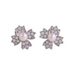 TIFFANY & CO., FLORET FLOURISHES, A PAIR OF DIAMOND AND CULTURED PEARL EAR CLIPS, LONDON 2001