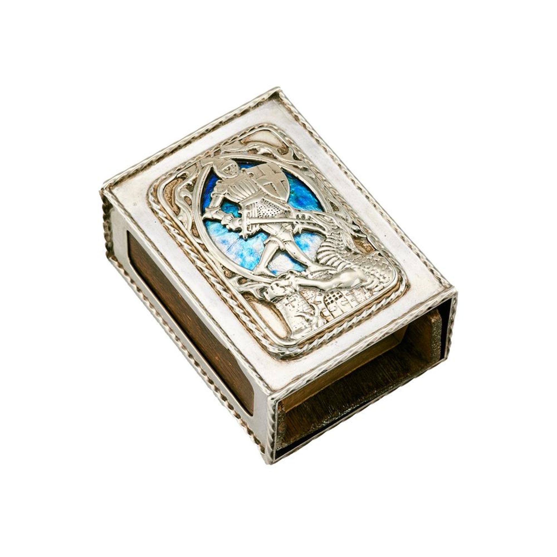 A SILVER AND ENAMEL MATCHBOX COVER