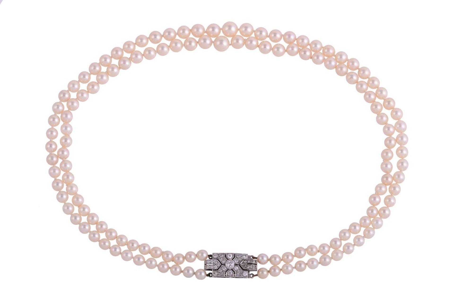 A TWO ROW CULTURED PEARL NECKLACE WITH DIAMOND CLASP