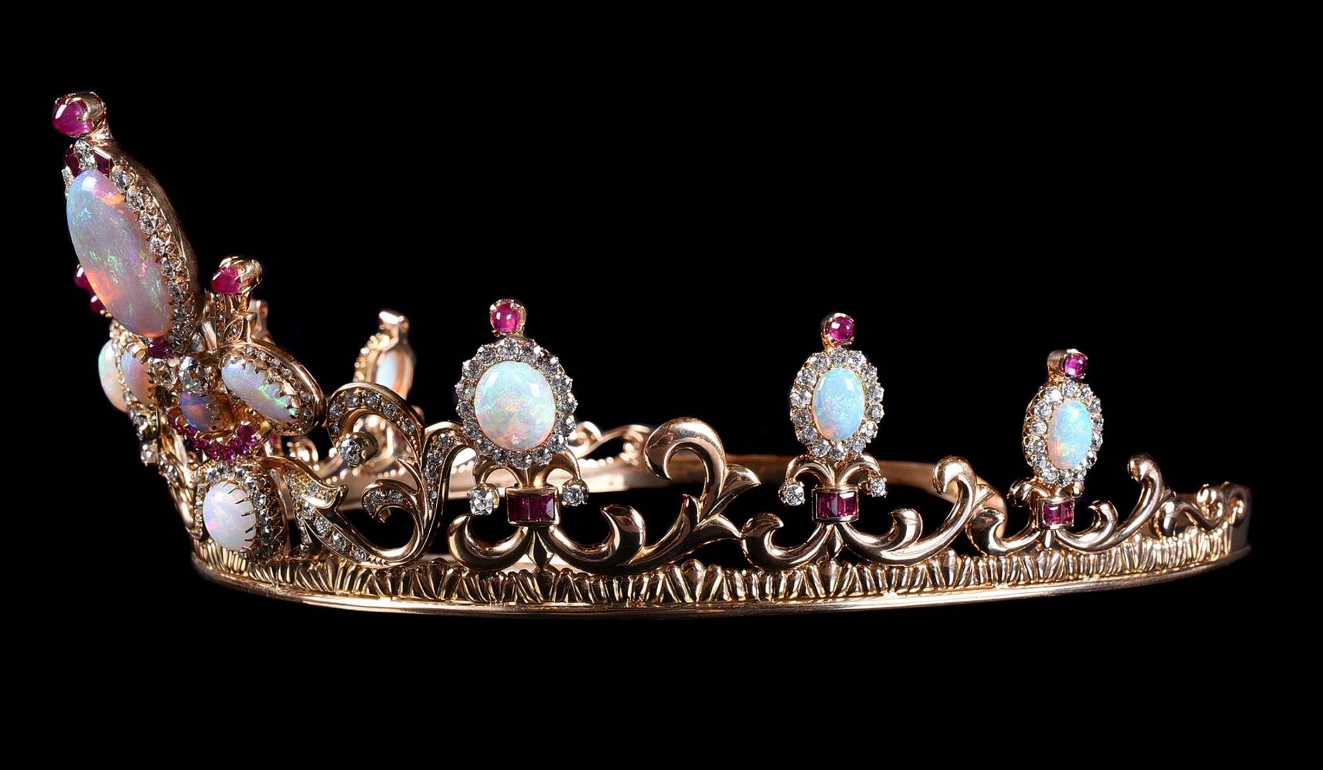 A MID 20TH CENTURY DIAMOND, OPAL, AND RUBY TIARA - Image 3 of 7