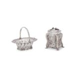 A CASED GEORGE II SILVER RECTANGULAR BALUSTER TEA CADDY AND A SWING HANDLED BASKET