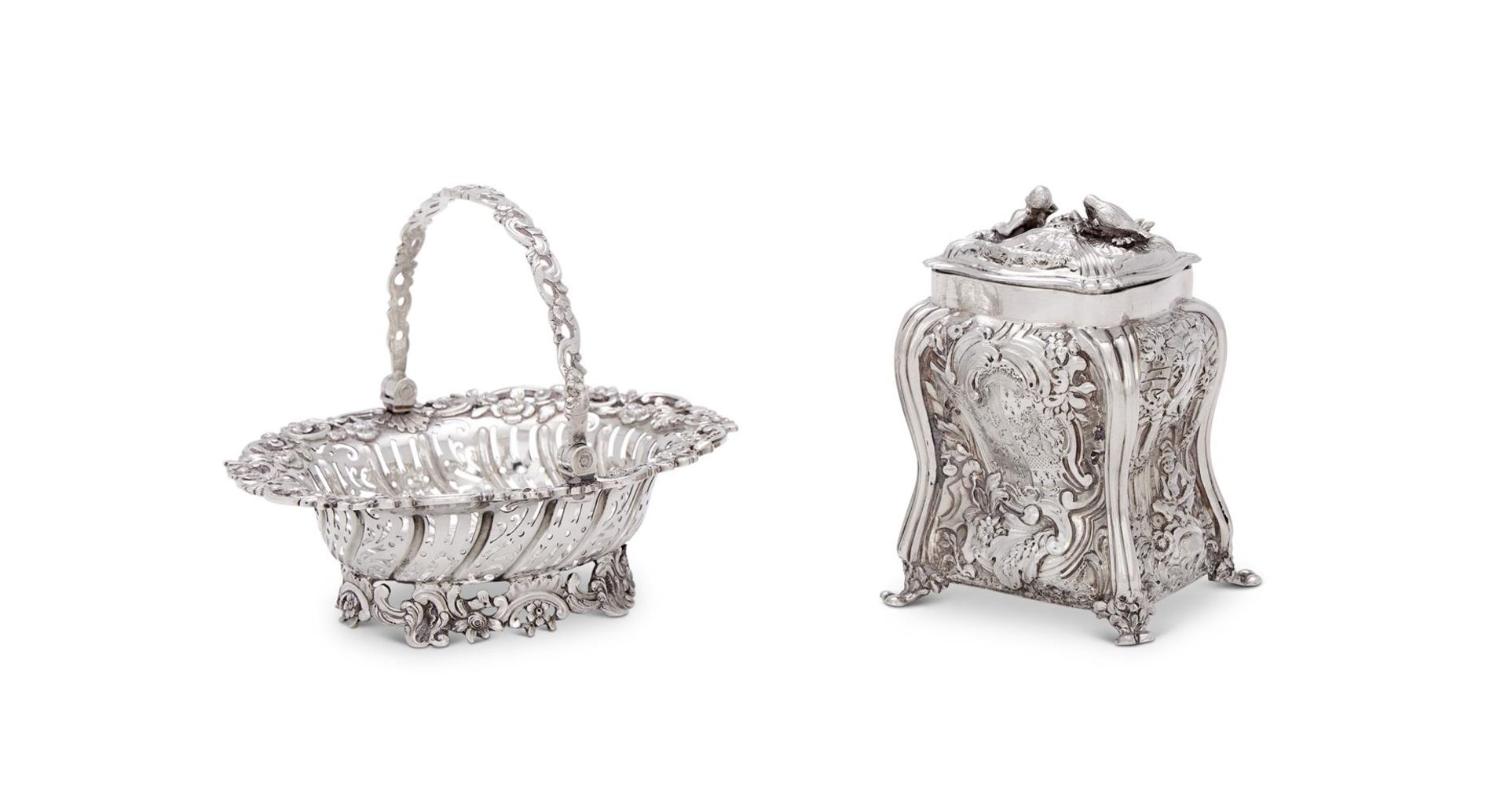 A CASED GEORGE II SILVER RECTANGULAR BALUSTER TEA CADDY AND A SWING HANDLED BASKET