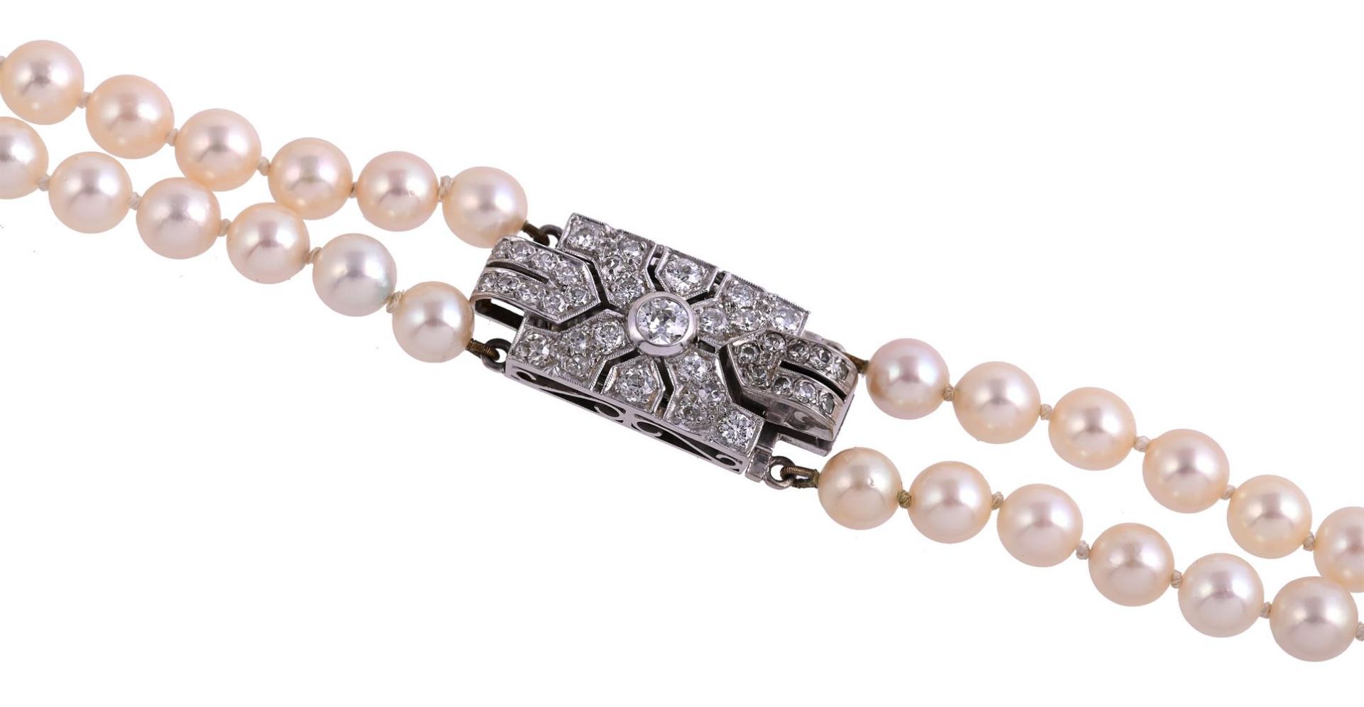 A TWO ROW CULTURED PEARL NECKLACE WITH DIAMOND CLASP - Image 2 of 2