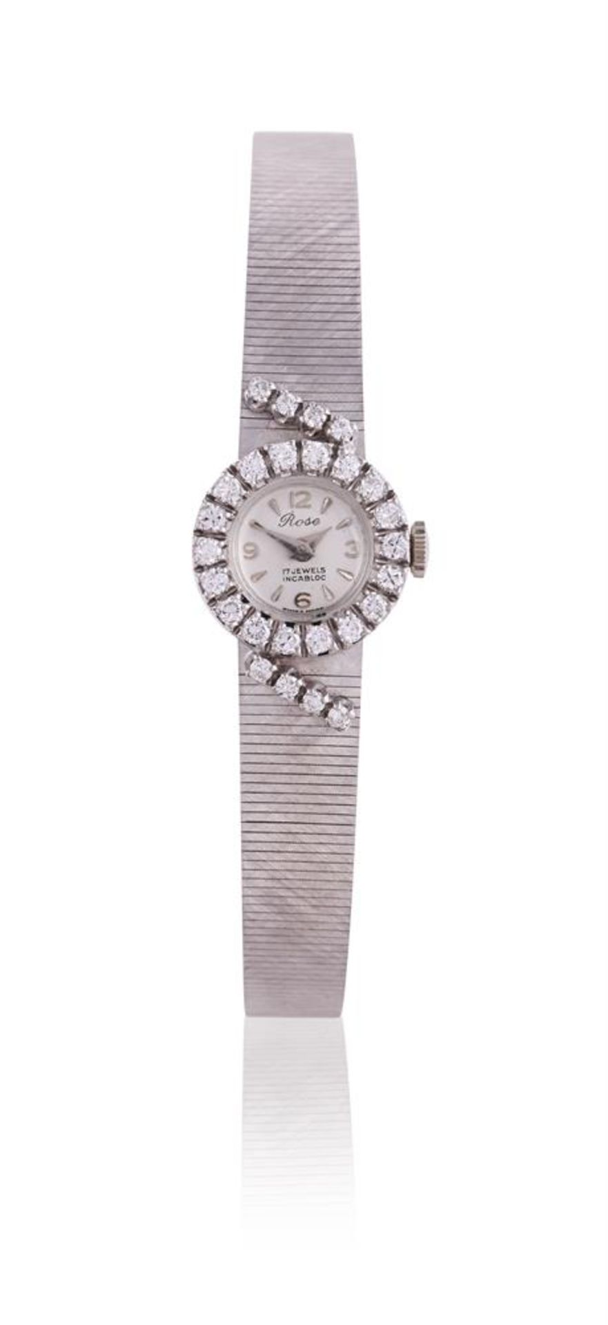 ROSE, A LADY'S 18 CARAT WHITE GOLD DIAMOND SET COCKTAIL WATCH, LONDON 1967 IMPORT MARK