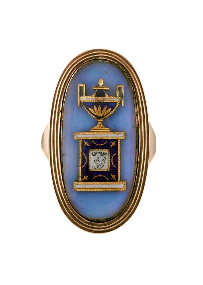 A GEORGE III ENAMELLED PANEL MOURNING RING, CIRCA 1792