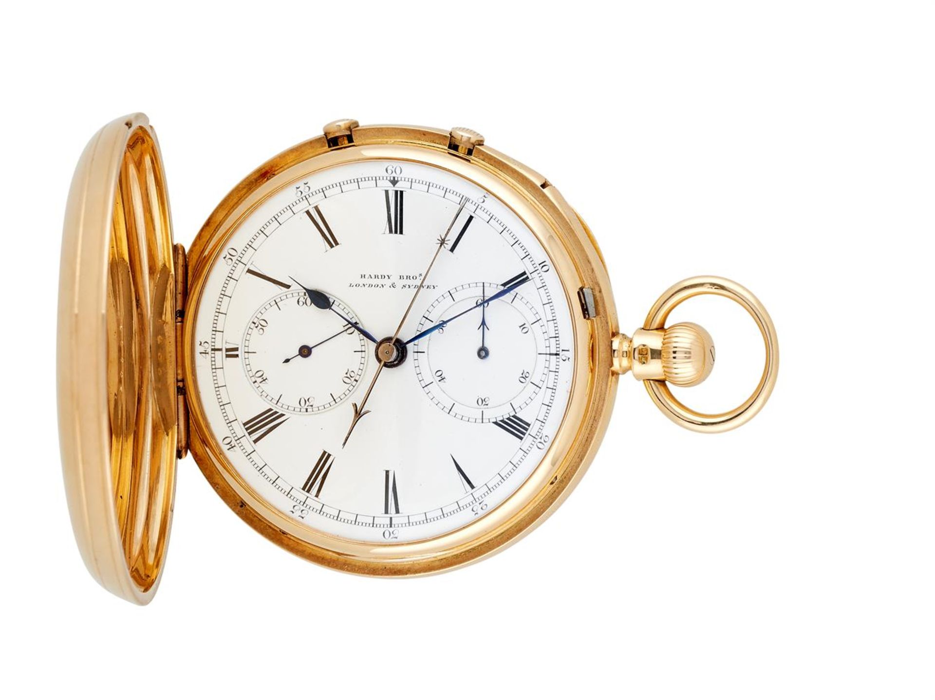 HARDY BROS., AN 18 CARAT GOLD KEYLESS WIND RATTRAPANTE FULL HUNTER POCKET WATCH