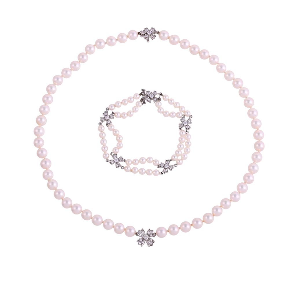 TIFFANY & CO., FLORET FLOURISHES, A DIAMOND AND CULTURED PEARL NECKLACE AND BRACELET