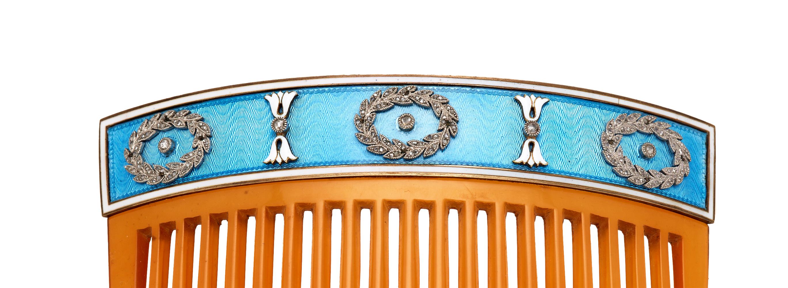 Y AN EARLY 20TH CENTURY FRENCH ENAMEL, DIAMOND AND TORTOISESHELL HAIR COMB - Image 2 of 2