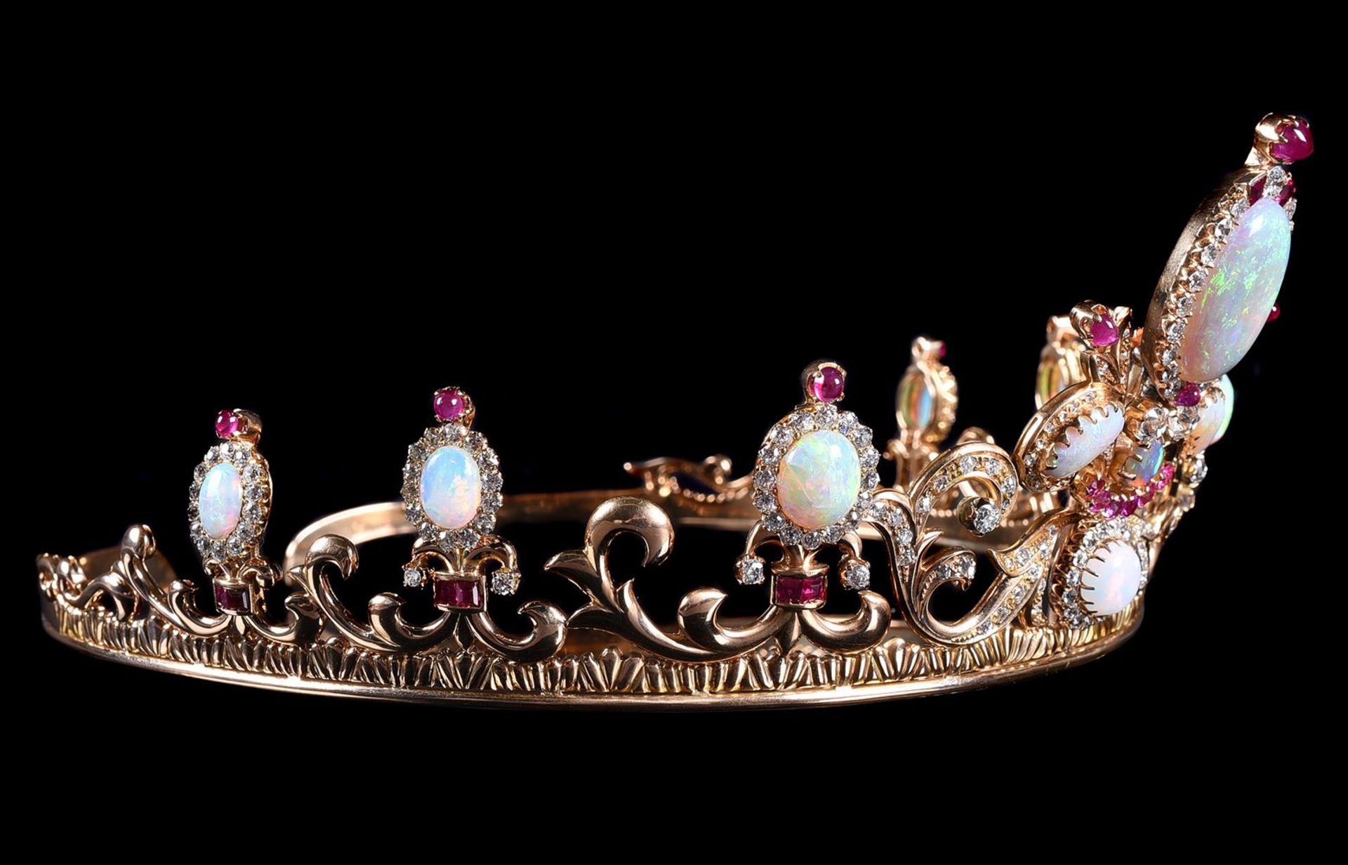 A MID 20TH CENTURY DIAMOND, OPAL, AND RUBY TIARA - Image 4 of 7