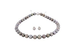 A TAHITIAN CULTURED PEARL NECKLACE AND A PAIR OF CULTURED PEARL EAR STUDS
