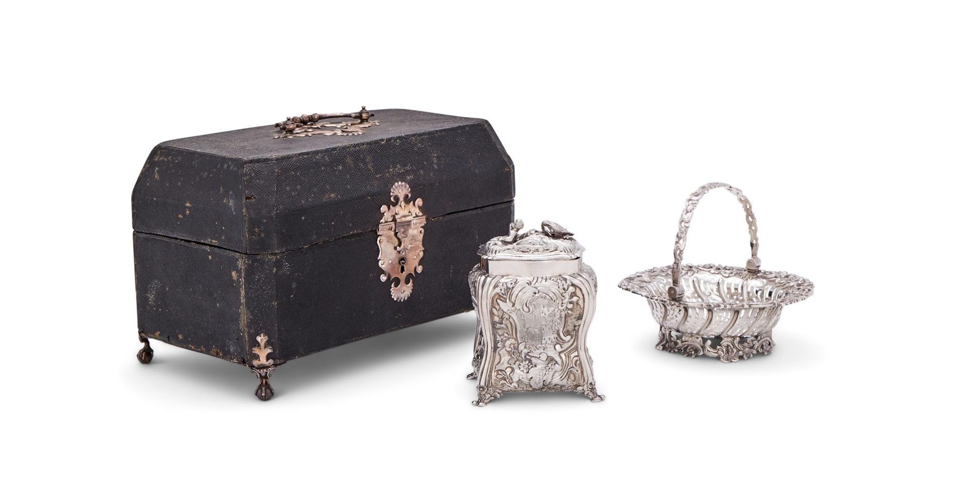 A CASED GEORGE II SILVER RECTANGULAR BALUSTER TEA CADDY AND A SWING HANDLED BASKET - Image 2 of 3