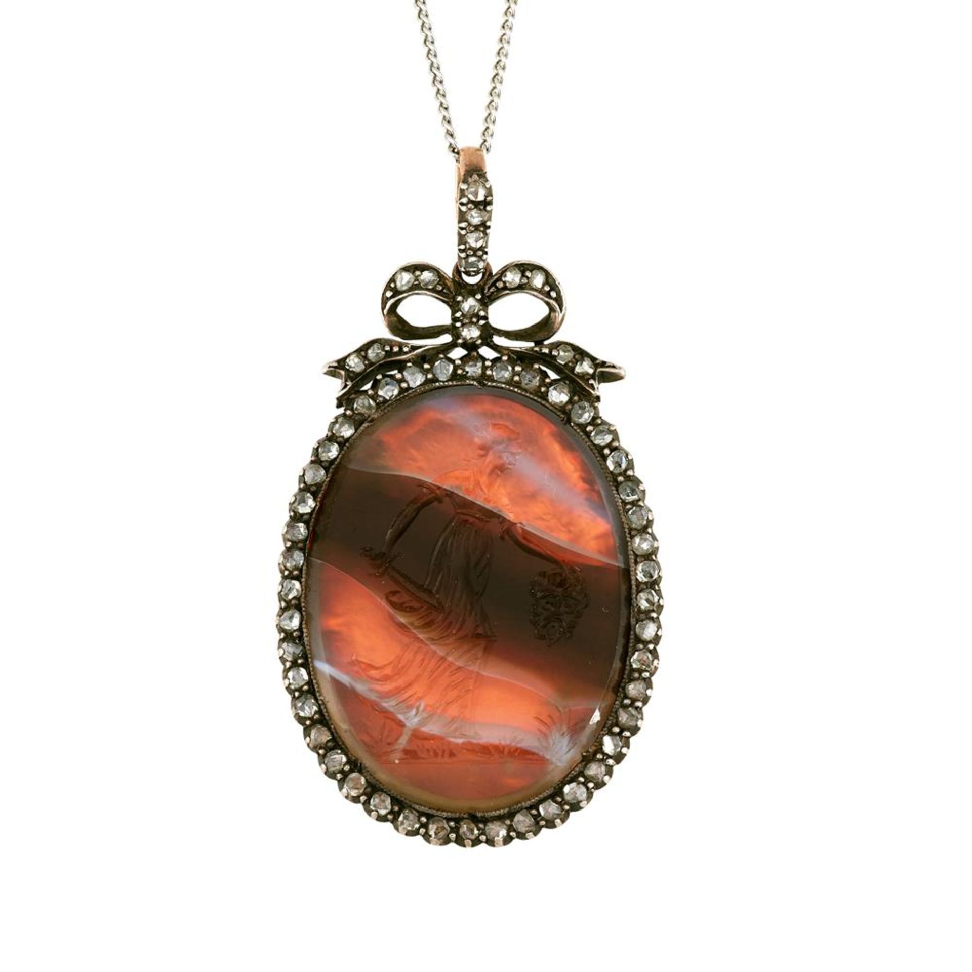 A ROSE CUT DIAMOND AND BANDED AGATE INTAGLIO PENDANT