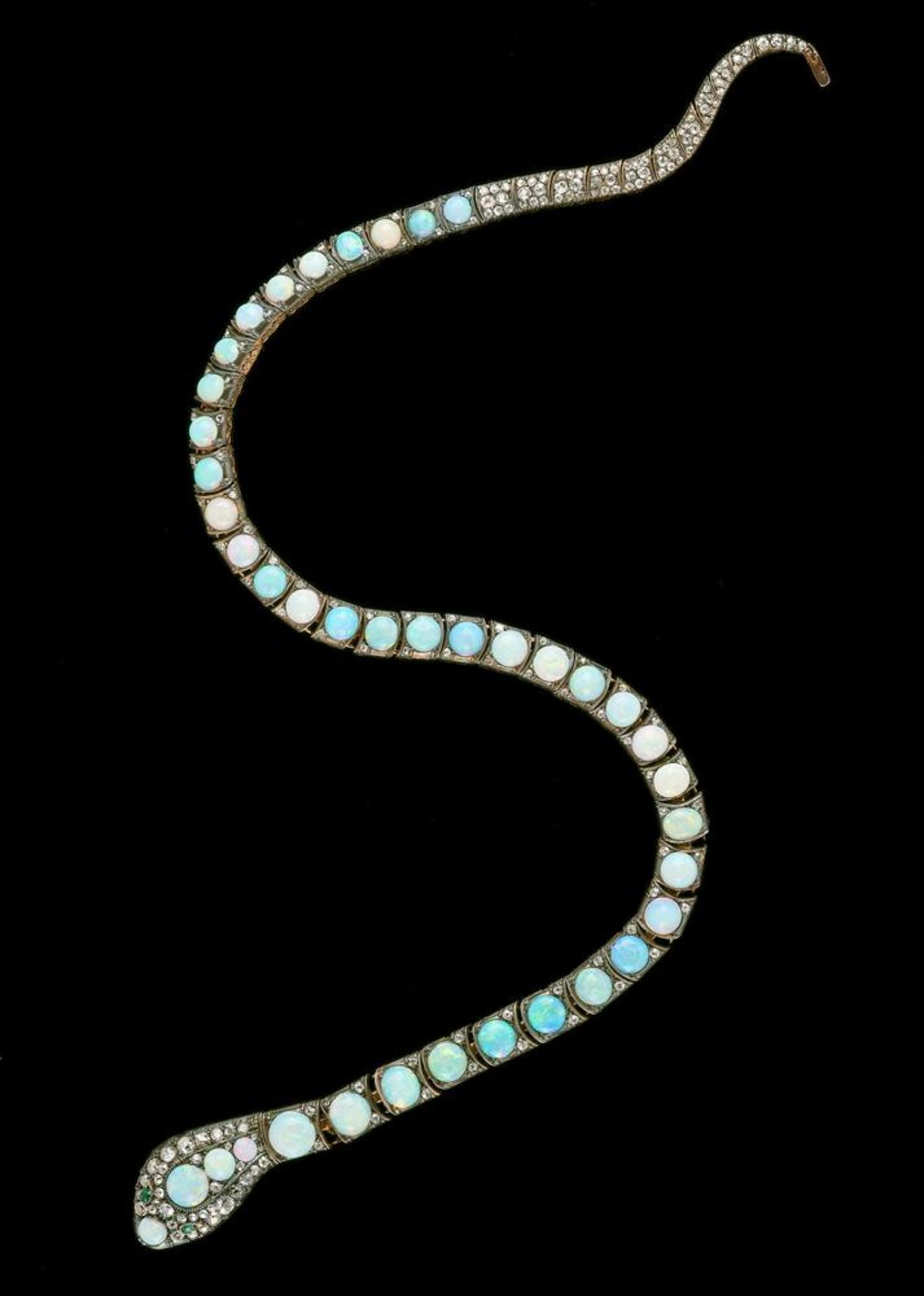 AN OPAL, DIAMOND AND EMERALD SERPENT NECKLACE - Image 3 of 5