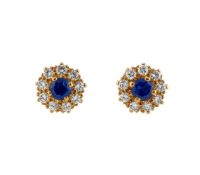A PAIR OF SAPPHIRE AND DIAMOND CLUSTER EAR STUDS, RETAILED BY ASPREY
