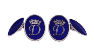 GERALD BENNEY, A PAIR OF ENAMELLED SILVER CUFFLINKS WITH THE ROYAL MONOGRAM OF DIANA, HER ROYAL HIGH