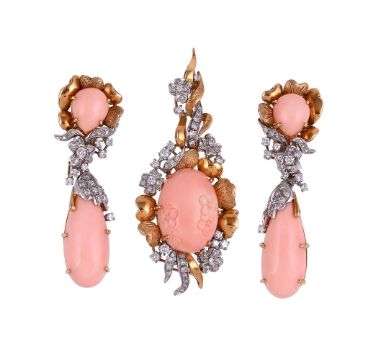 A CORAL AND DIAMOND EAR CLIP AND PENDANT SUITE