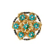A 1960S TURQUOISE, DIAMOND AND SAPPHIRE FLORAL CLUSTER BROOCH
