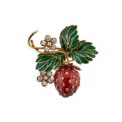 A FRENCH DIAMOND AND ENAMEL STRAWBERRY BROOCH
