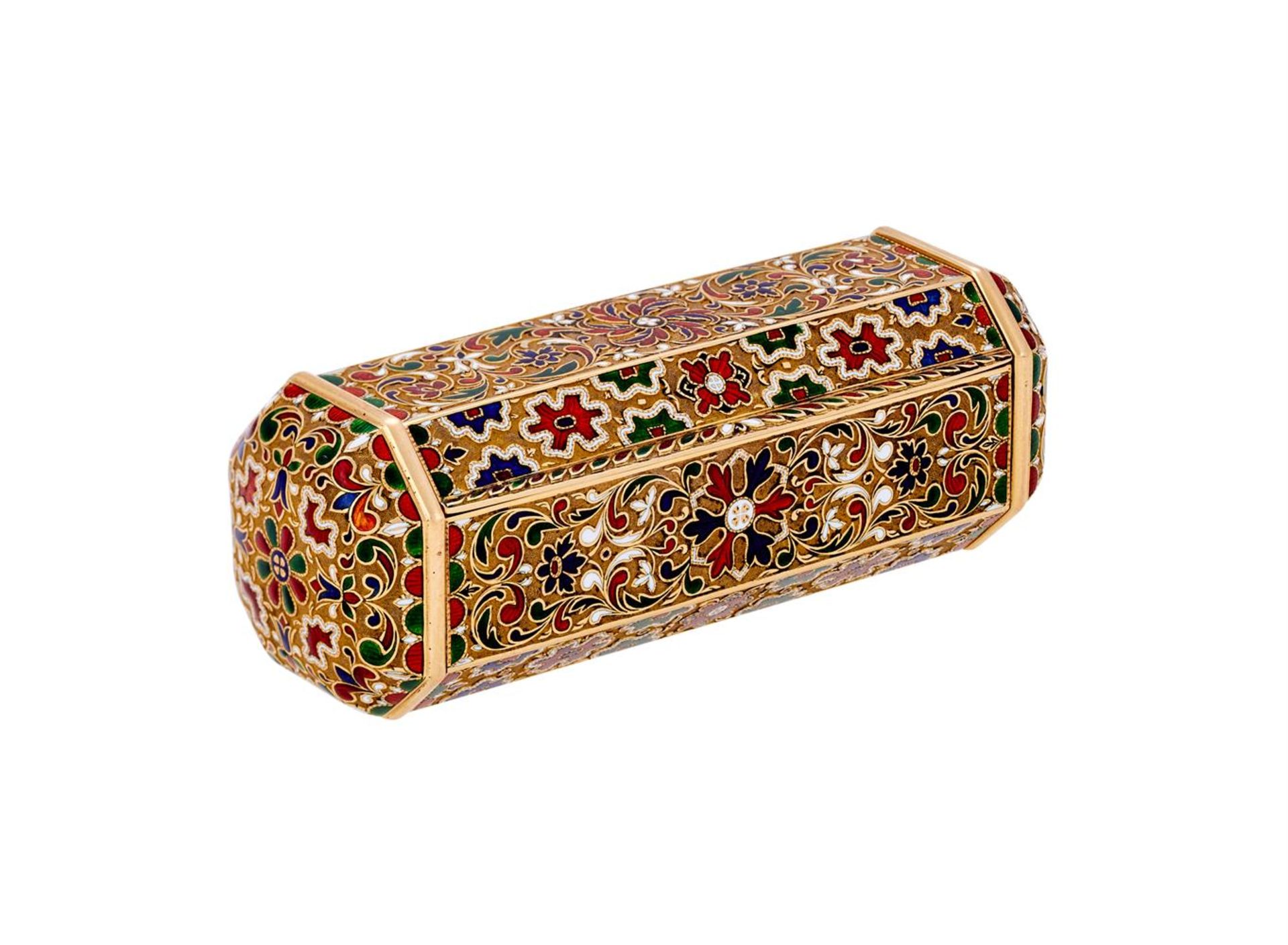 J. F. BAUTTE & CIE, GENEVA, A SWISS GOLD AND ENAMEL OCTAGONAL HINGED BOX, CIRCA 1826-1850