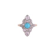 AN EARLY 20TH CENTURY DIAMOND AND TURQUOISE MARQUISE PANEL RING, CIRCA 1920