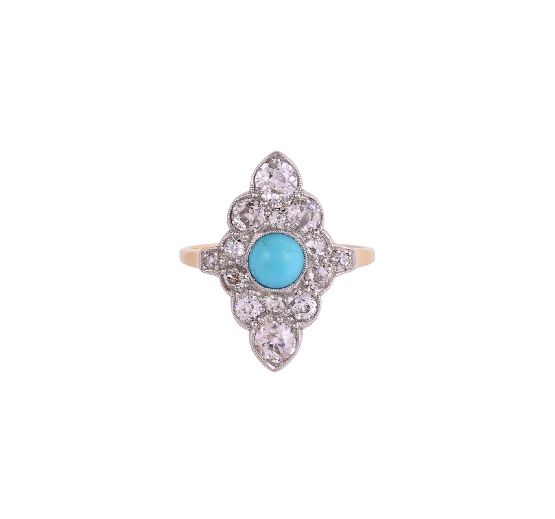 AN EARLY 20TH CENTURY DIAMOND AND TURQUOISE MARQUISE PANEL RING, CIRCA 1920