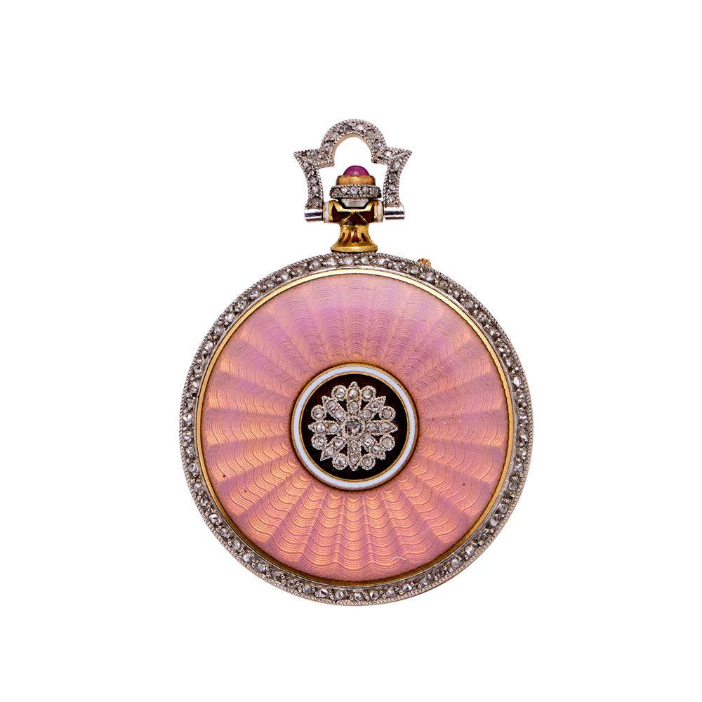 J. CHAUMET, A FRENCH GOLD, DIAMOND AND PINK ENAMEL OPEN FACE FOB WATCH - Image 2 of 2