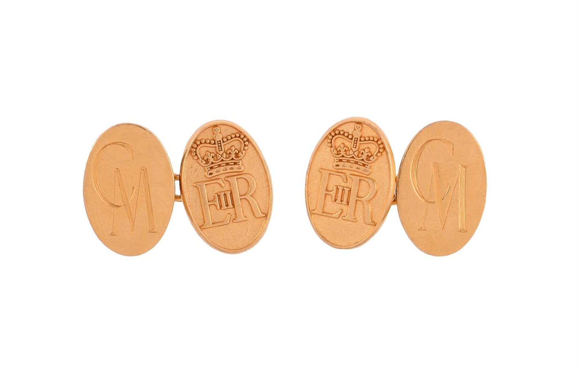 LONGMIRE, A PAIR OF 9 CARAT GOLD CUFFLINKS WITH THE CYPHER QUEEN ELIZABETH II