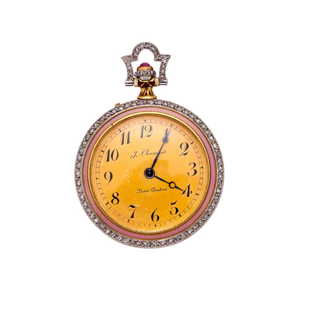 J. CHAUMET, A FRENCH GOLD, DIAMOND AND PINK ENAMEL OPEN FACE FOB WATCH