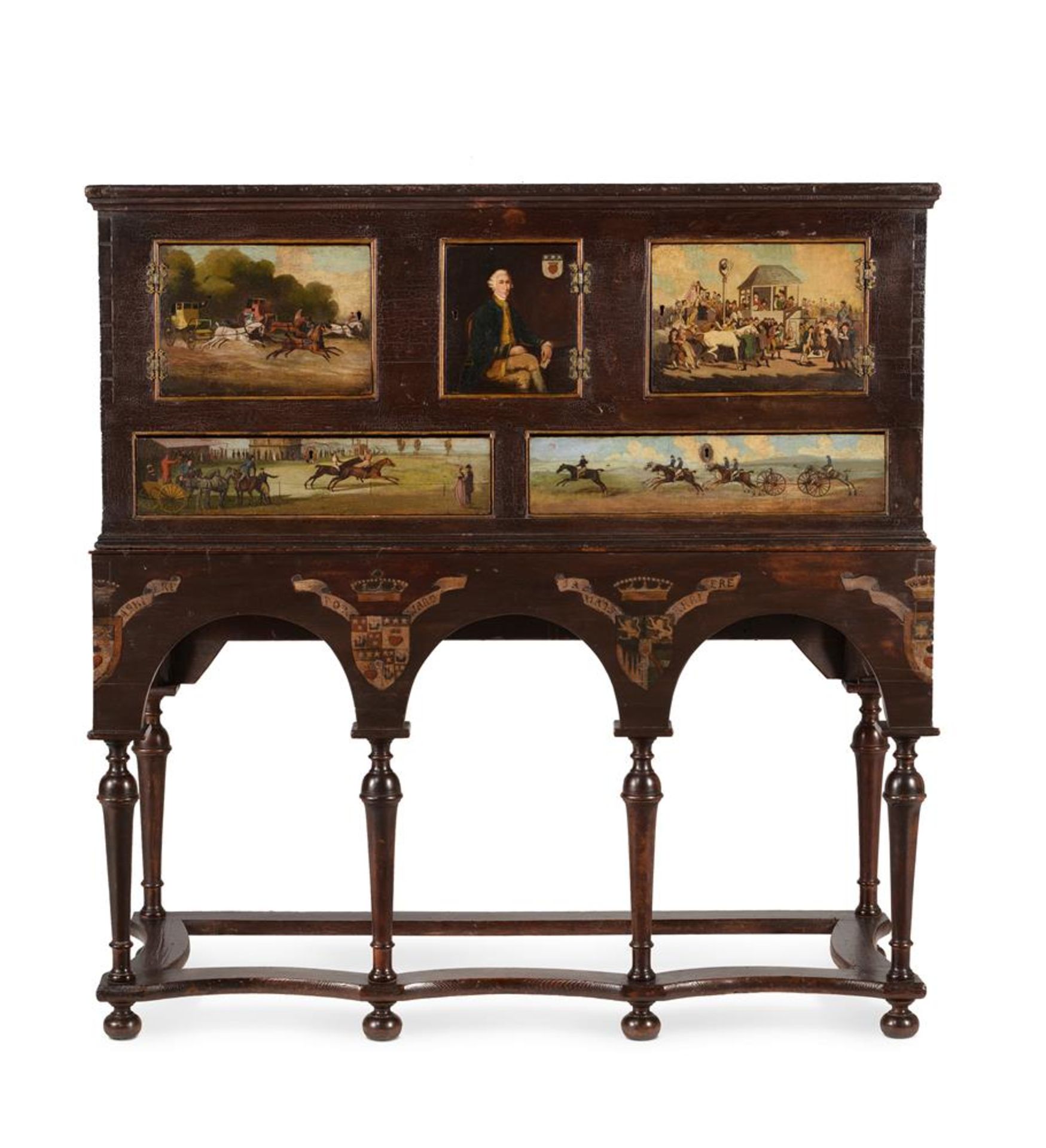 A PAINTED AND DECORATED 'COUNTRY HOUSE' GLASS CABINET OR CUPBOARD, IN WILLIAM & MARY STYLE