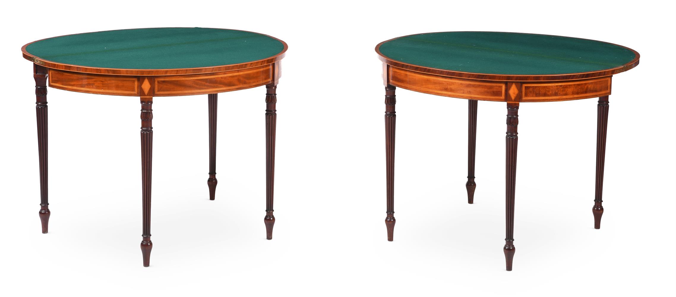 Y A PAIR OF GEORGE III MAHOGANY AND SATINWOOD CROSSBANDED DEMI-LUNE CARD TABLES, CIRCA 1800 - Image 2 of 5