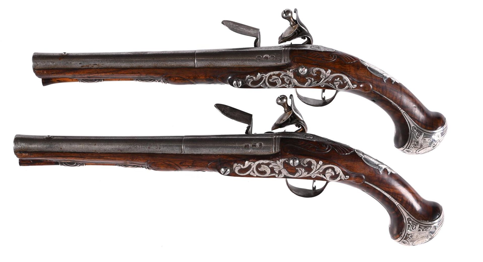 BENNETT LONDON; A PAIR OF WALNUT AND SILVER-METAL MOUNTED HOLSTER PISTOLS - Image 4 of 8