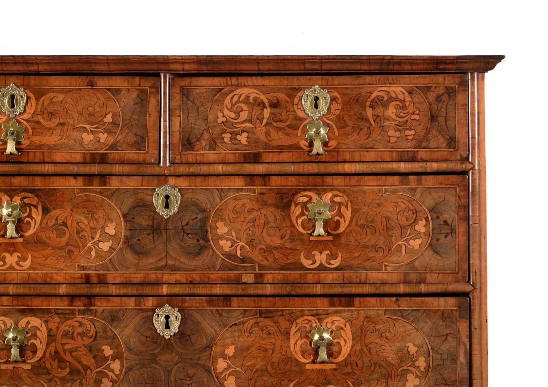 A FINE AND RARE WILLIAM & MARY WALNUT, FRUITWOOD, OLIVE-WOOD OYSTER-VENEERED CHEST ON STAND - Image 5 of 5