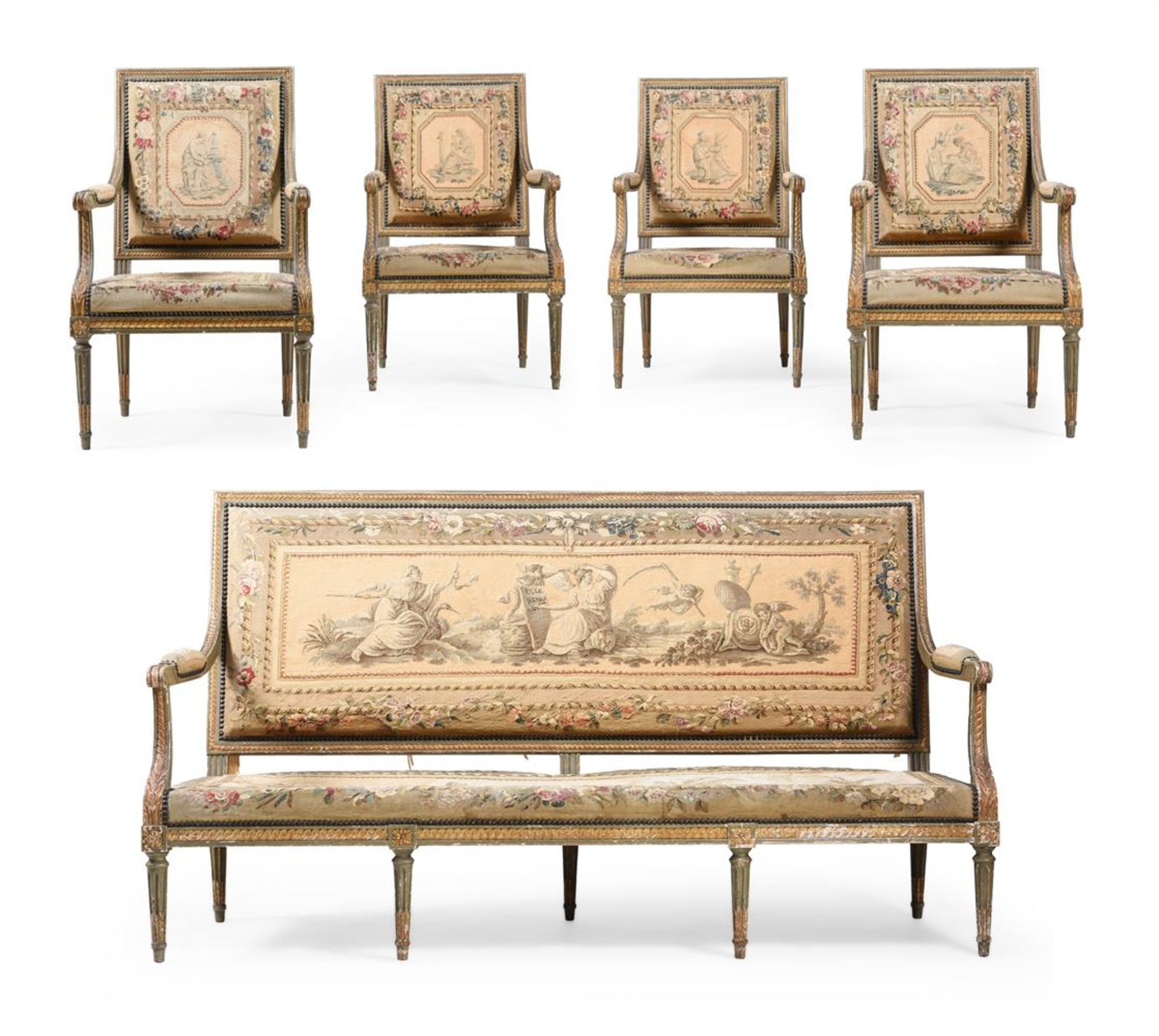 A CARVED GREEN PAINTED AND PARCEL GILT SUITE OF SEAT FURNITURE, LATE 19TH CENTURY