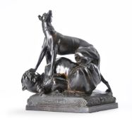 A BRONZE ANIMALIER GROUP, HUNTING DOG ASTRIDE A FELLED LARGE CAT POSSIBLY ITALIAN, CIRCA 1830-1850