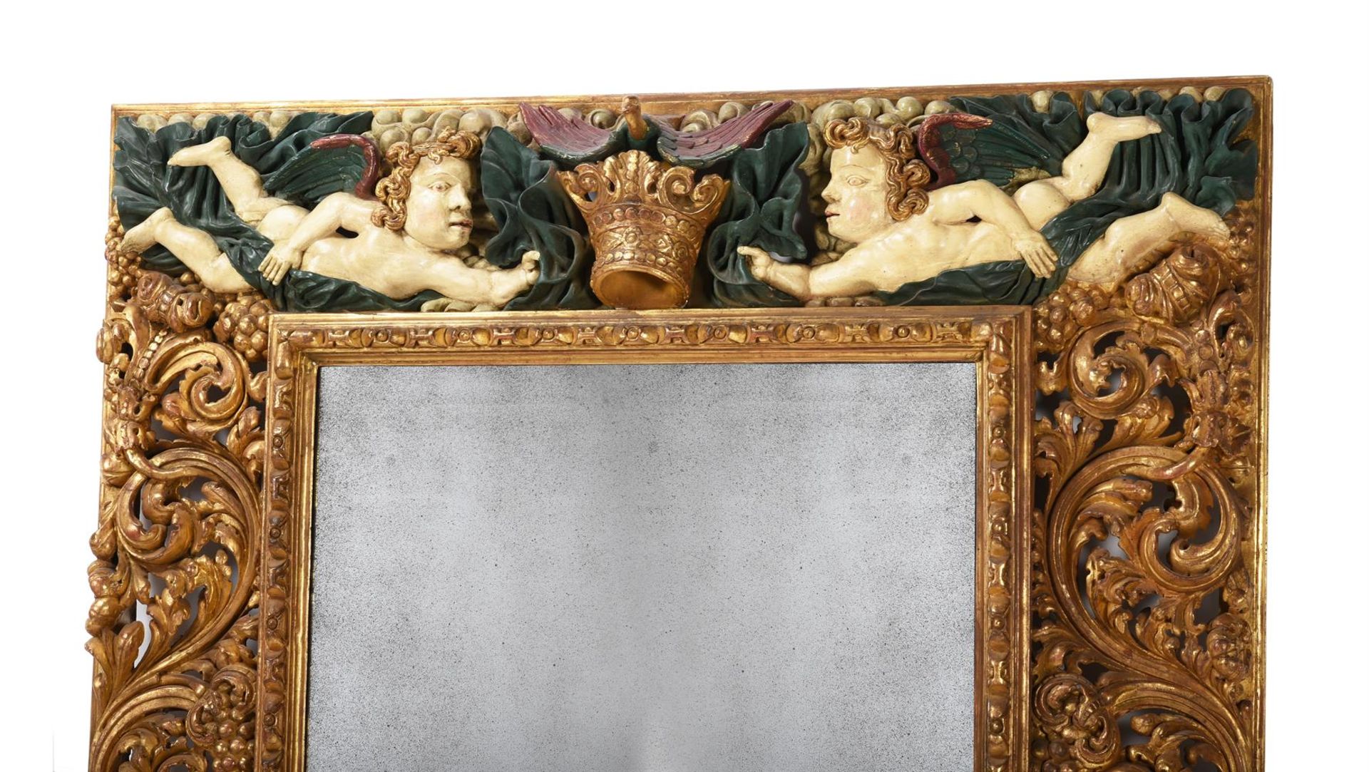 A CONTINENTAL CARVED GILTWOOD AND PAINTED MIRROR, SOUTH GERMAN OR AUSTRIAN, 17TH CENTURY AND LATER - Bild 2 aus 6