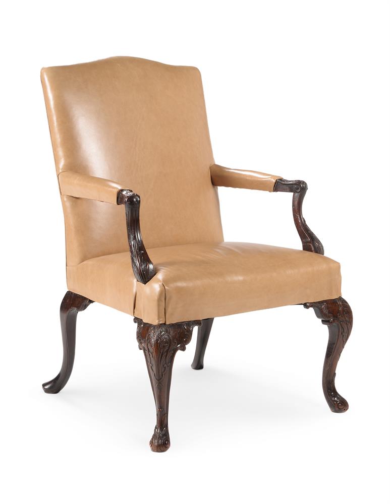 A GEORGE III CARVED MAHOGANY AND UPHOLSTERED ARMCHAIR, IN THE MANNER OF WRIGHT & ELWICK - Image 2 of 4