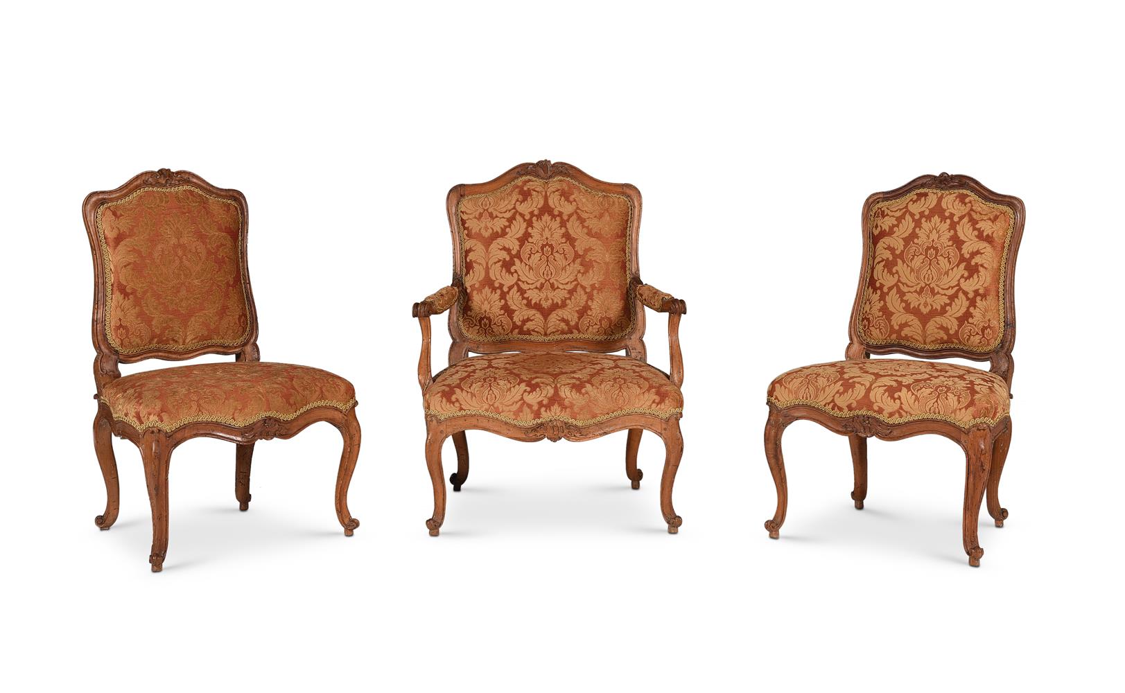 A LOUIS XV WALNUT AND UPHOLSTERED FAUTEUIL, MID 18TH CENTURY