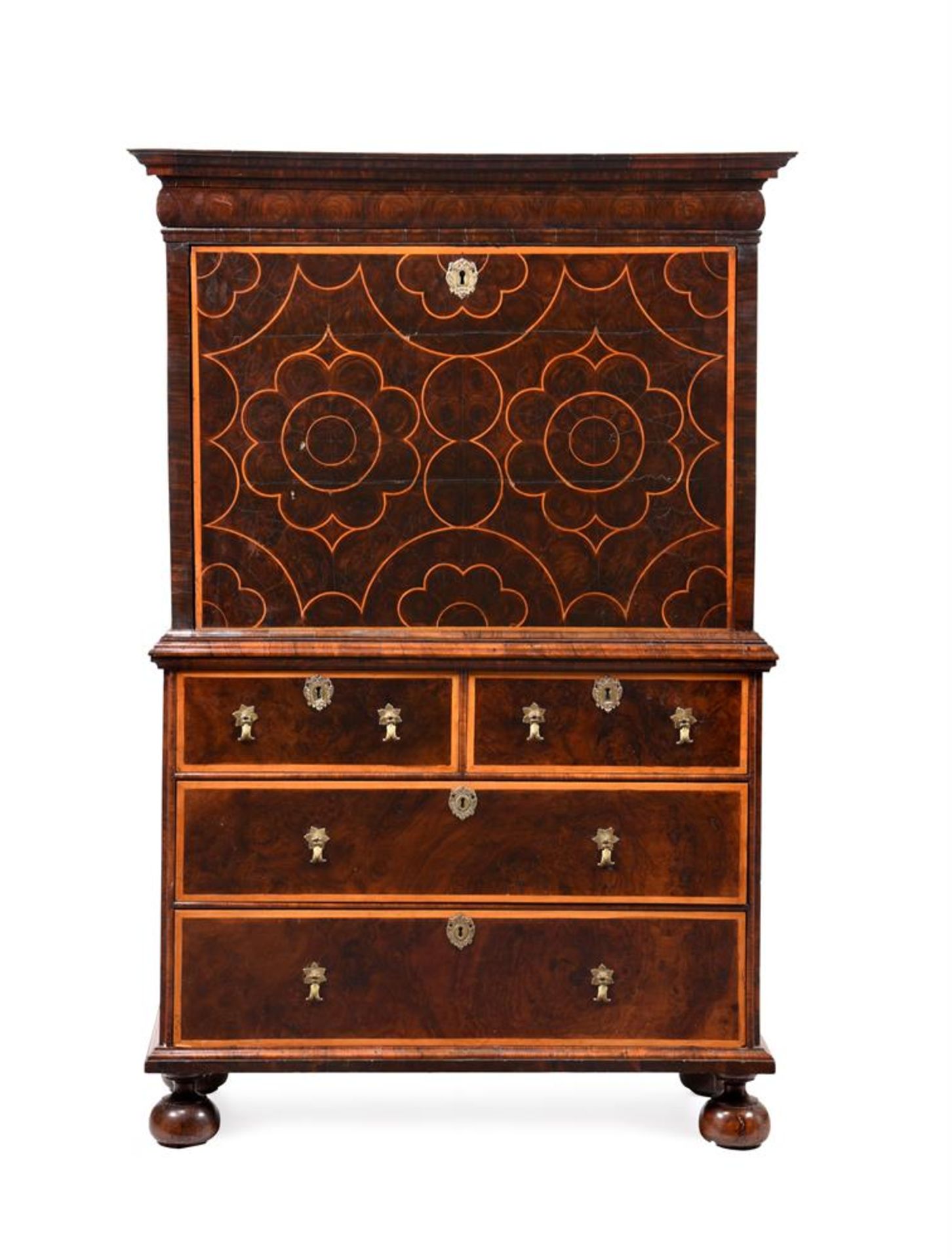 A WILLIAM III WALNUT OYSTER VENEERED AND HOLLY INLAID ESCRITOIRE, CIRCA 1700