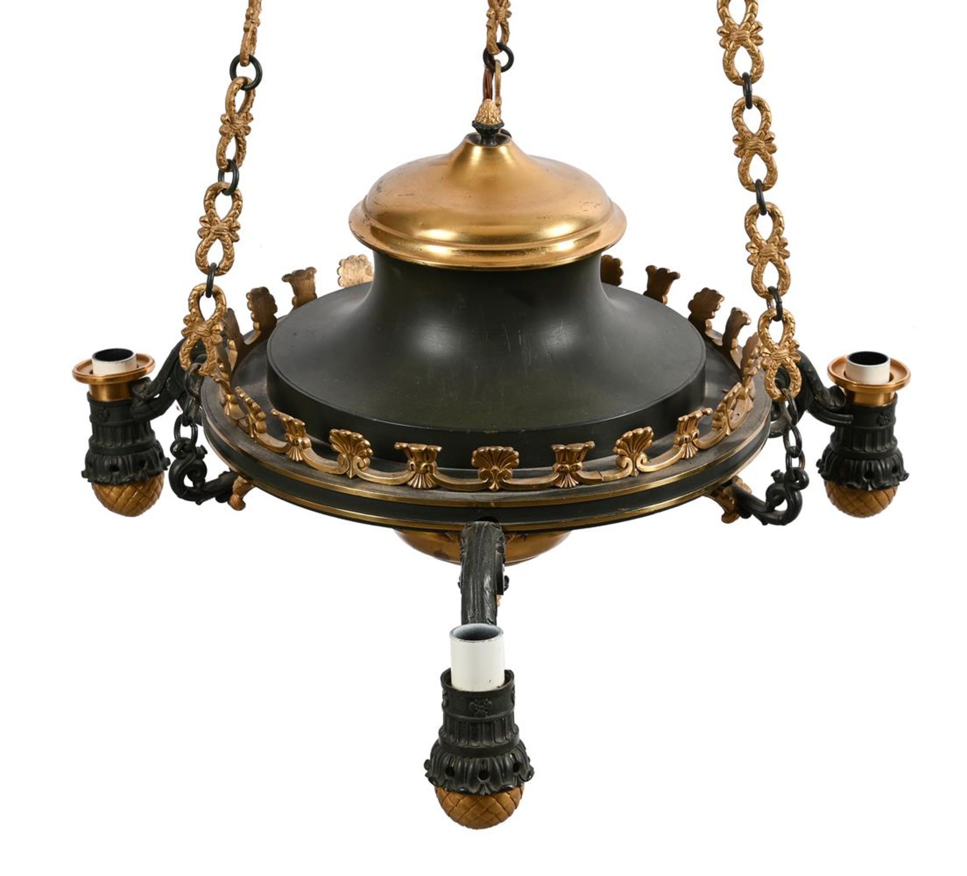 A FRENCH PATINATED AND GILT BRONZE THREE LIGHT CHANDELIER,19TH/EARLY 20TH CENTURY - Image 2 of 3