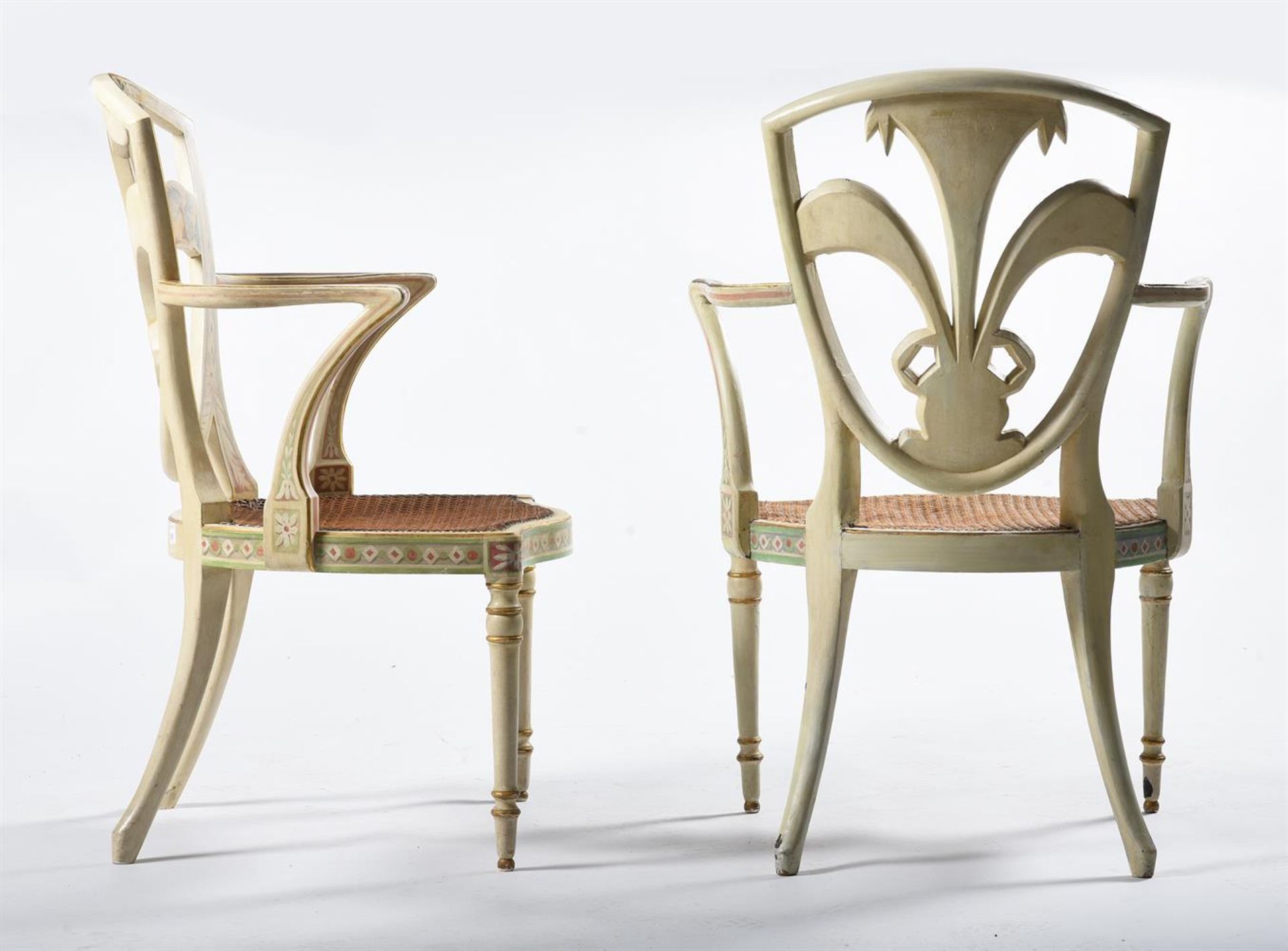 A MATCHED PAIR OF BEECH AND POLYCHROME PAINTED ELBOW CHAIRS, ONE CIRCA 1780 AND LATER REFRESHED - Image 5 of 5