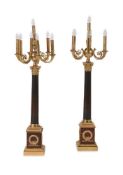 A PAIR OF FRENCH ORMOLU, BRONZE AND ROUGE GRIOTTE MARBLE SEVEN LIGHT CANDELABRA, 19TH CENTURY