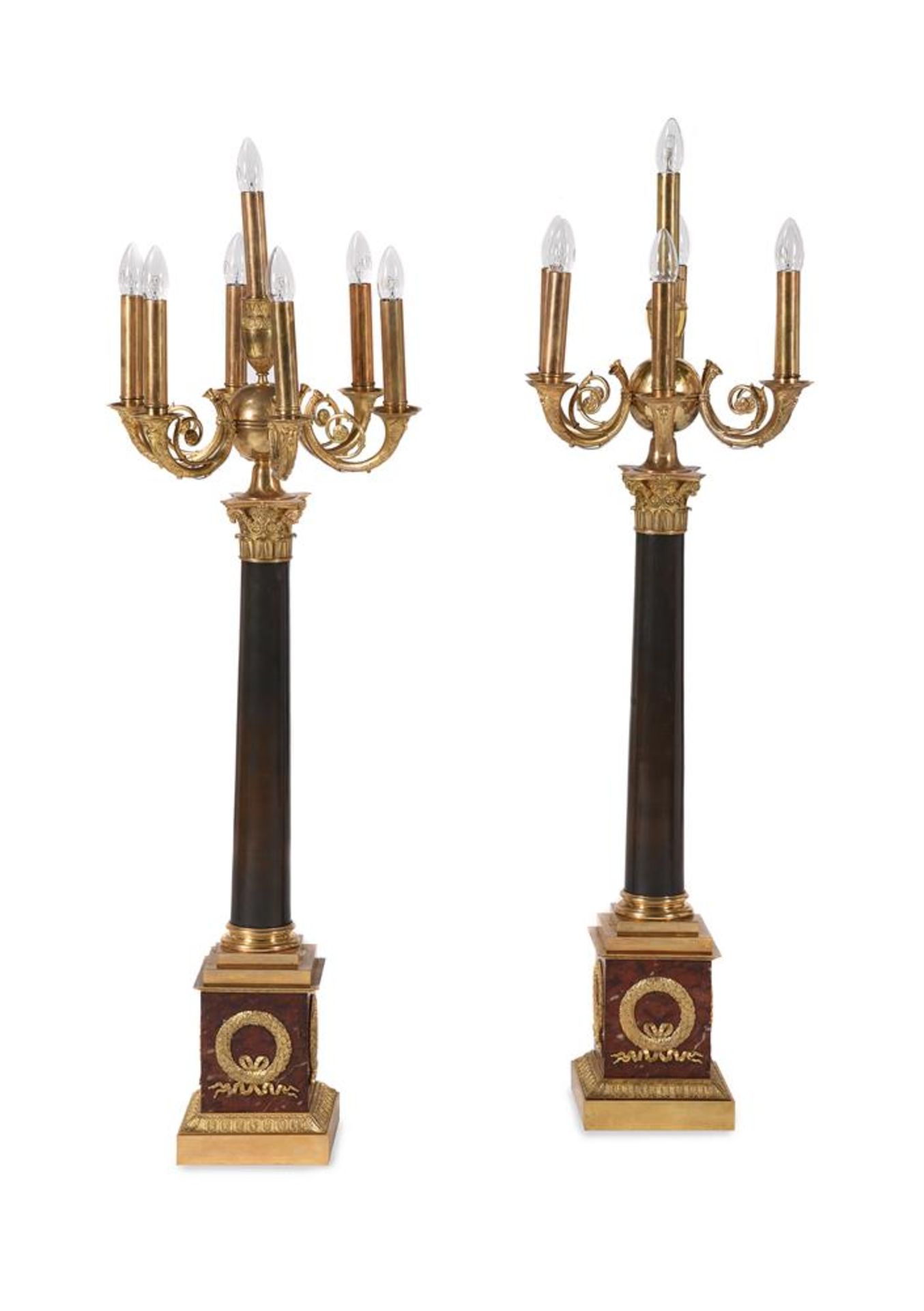 A PAIR OF FRENCH ORMOLU, BRONZE AND ROUGE GRIOTTE MARBLE SEVEN LIGHT CANDELABRA, 19TH CENTURY