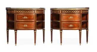 A PAIR OF MAHOGANY AND GILT METAL MOUNTED SEMI ELLIPTICAL COMMODES, IN LOUIS XVI STYLE