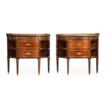 A PAIR OF MAHOGANY AND GILT METAL MOUNTED SEMI ELLIPTICAL COMMODES, IN LOUIS XVI STYLE