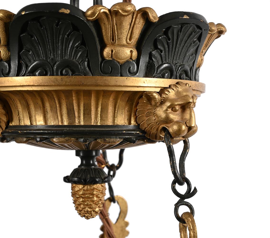 A FRENCH PATINATED AND GILT BRONZE THREE LIGHT CHANDELIER,19TH/EARLY 20TH CENTURY - Image 3 of 3
