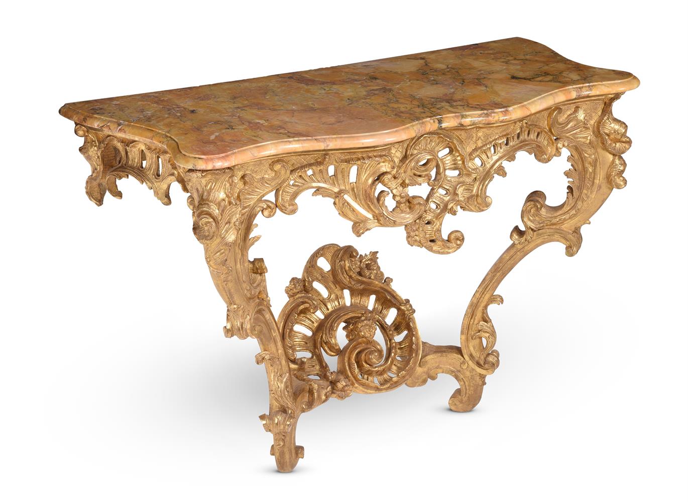 A LOUIS XV CARVED GILTWOOD CONSOLE TABLE, MID 18TH CENTURY