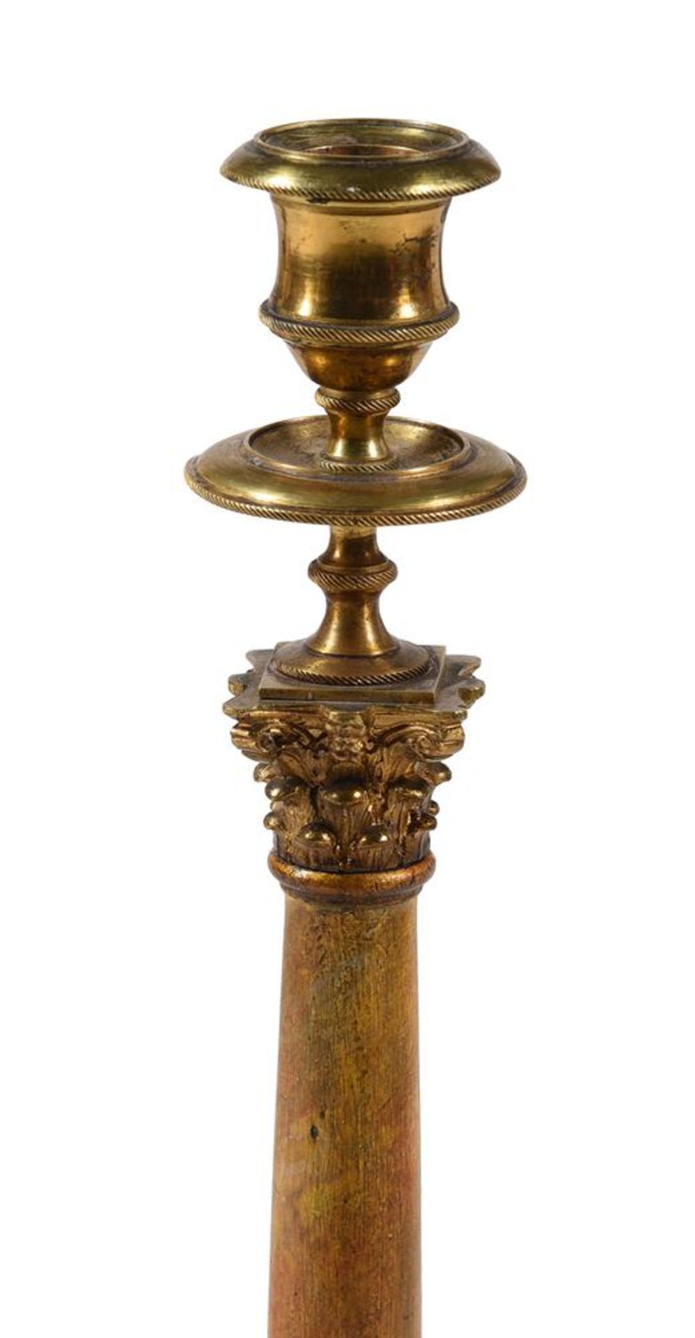 A TALL PAIR OF BRASS MOUNTED PAINTED COLUMNAR CANDLESTICKS, 20TH CENTURY - Image 2 of 3