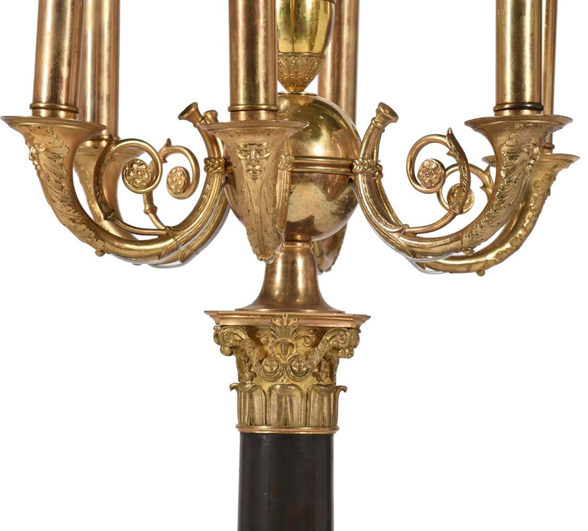 A PAIR OF FRENCH ORMOLU, BRONZE AND ROUGE GRIOTTE MARBLE SEVEN LIGHT CANDELABRA, 19TH CENTURY - Image 4 of 5