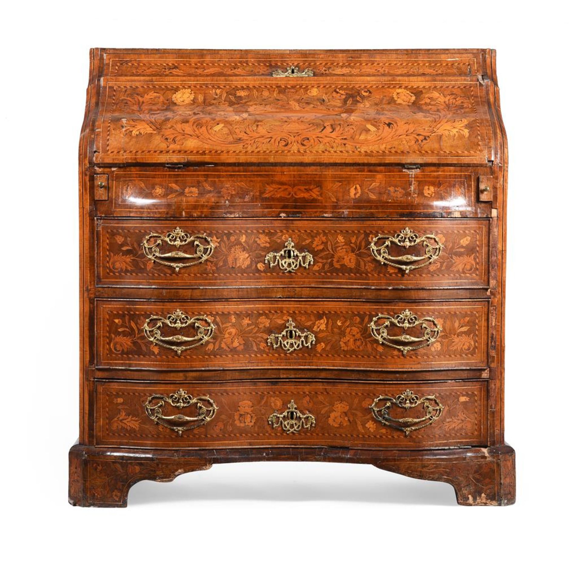 A DUTCH WALNUT AND SPECIMEN MARQUETRY SERPENTINE FRONTED BUREAU, LATE 18TH CENTURY