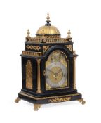 A LATE VICTORIAN GILT BRONZE MOUNTED EBONISED QUARTER-CHIMING BRACKET CLOCK OF SMALL SIZE